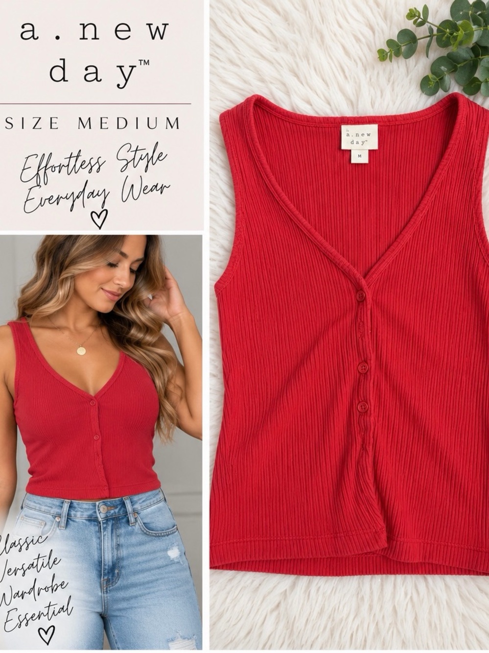 a new day Red Ribbed V-Neck Button Tank - Medium